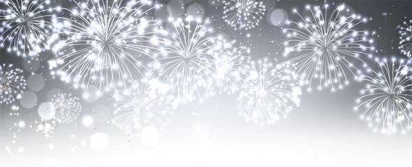 Gray festive banner with fireworks.