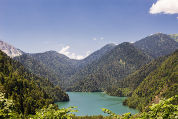 Fototapeta na wymiar Mountain summer panoramic view with lake Ritsa. Abkhazia.