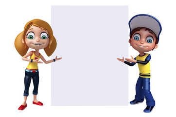 kid girl and kid boy with White board