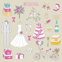 Vector set of hand drawn wedding icons bride, dress, groom, wedding cake, bicycle, bouquet,champagne, ring, gift box, birdcage isolated doodle sketch illustrations.