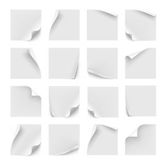Vector set of white stickers. Paper for note, memo and notice. Sticky page with curl. Blank with shadow isolated on white background.