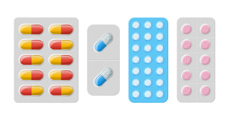 Set of vector pills and capsules. Icons of medicament. Tablets in blisters: painkillers, antibiotics, vitamins and aspirin. Pharmacy and drug symbols. Medical illustration on white background.