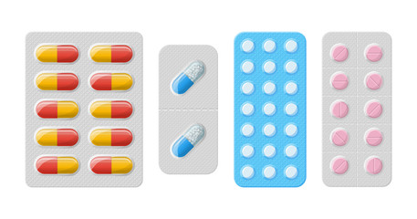 Set of vector pills and capsules. Icons of medicament. Tablets in blisters: painkillers, antibiotics, vitamins and aspirin. Pharmacy and drug symbols. Medical illustration on white background.