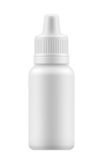 Nasal or eye spray for nose or eye health. Realistic white plastic container for fluid. Mockup bottle with medical drug for nose or eye . Pharmacy blank packing medication vector illustration