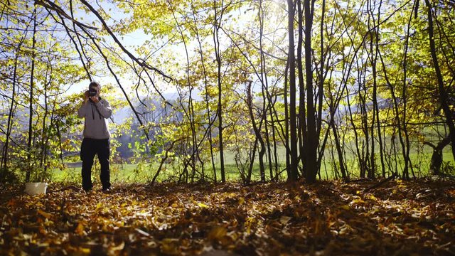 Photographer take picture in autumn forest 4K 
