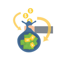 Man adds a coin in a lot of money in a bag