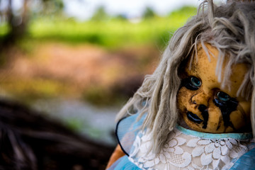 Close up of scary baby doll of halloween