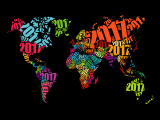 2017 Happy New Year, World Map in Typography word cloud collage concept