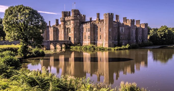 Time lapse view of a moated brick castle in Southern England