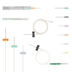 Insulin syringe and syringe with needle. Set of needles for syringe.Butterfly needle, catheters with luer lock adapter. Vector illustration.
