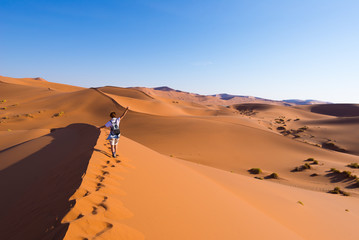 Tourist walking on the scenic dunes of Sossusvlei, Namib desert, Namib Naukluft National Park,...