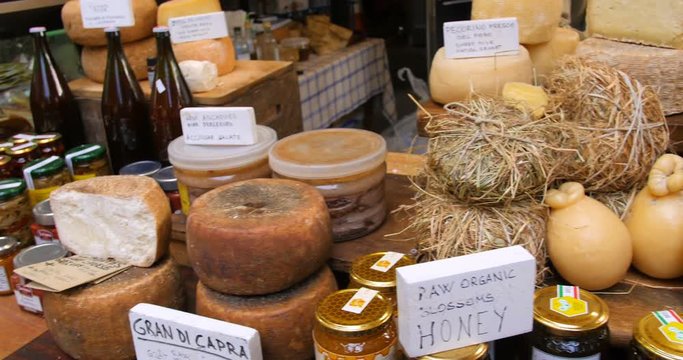 Display of several variety of Italian cheese in a food market