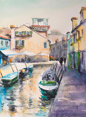 Building landmarks-colorful houses on Burano island,Italy.Picture created with watercolors.