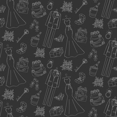 Wedding vector seamless background with hand drawn icons wedding dress, suit, cake, bouquet, engagement ring, shoes, gift box, champagne, key.
