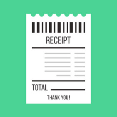 Vector sales receipt. Paper ATM Bill, cafe or restaurant cheque, receipt concepts. Flat design vector illustration
