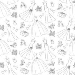 Wedding vector seamless background with hand drawn icons wedding dresses, shoes, roses, engagement ring, champagne cups, hurts, gift box.