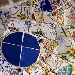 mosaic tile, decoration, broken glass, Park Guell, Barcelona, Spain. Designed by Gaudi