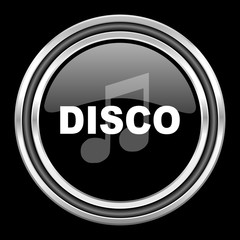disco music silver chrome metallic round web icon on black background