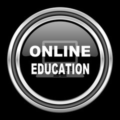 online education silver chrome metallic round web icon on black background