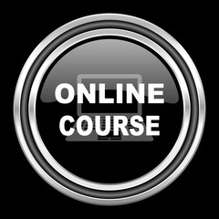 online course silver chrome metallic round web icon on black background