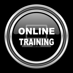 online training silver chrome metallic round web icon on black background