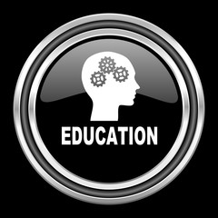 education silver chrome metallic round web icon on black background