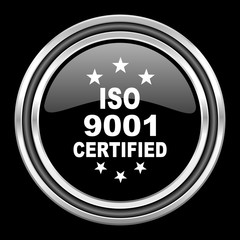 iso 9001 silver chrome metallic round web icon on black background