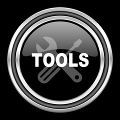 tools silver chrome metallic round web icon on black background