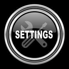 settings silver chrome metallic round web icon on black background