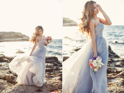 A Collage Of Two Photos-happy Bride White Wedding Dress,beautiful Long  Hair,bride Posing,standing On The Rocky Shore With A Wedding Bouquet Of Flowers On A Background Blue Ocean