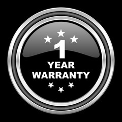 warranty guarantee 1 year silver chrome metallic round web icon on black background