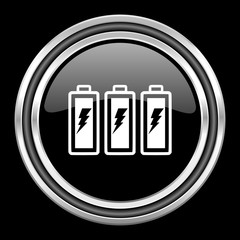 battery silver chrome metallic round web icon on black background