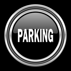 parking silver chrome metallic round web icon on black background