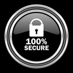 secure silver chrome metallic round web icon on black background