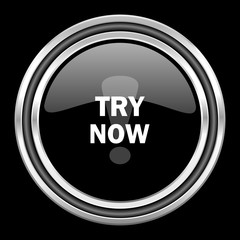 try now silver chrome metallic round web icon on black background