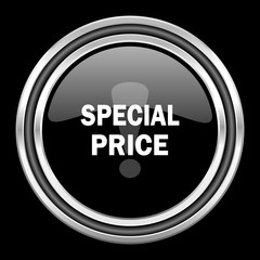 special price silver chrome metallic round web icon on black background