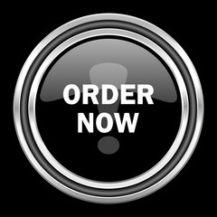 order now silver chrome metallic round web icon on black background