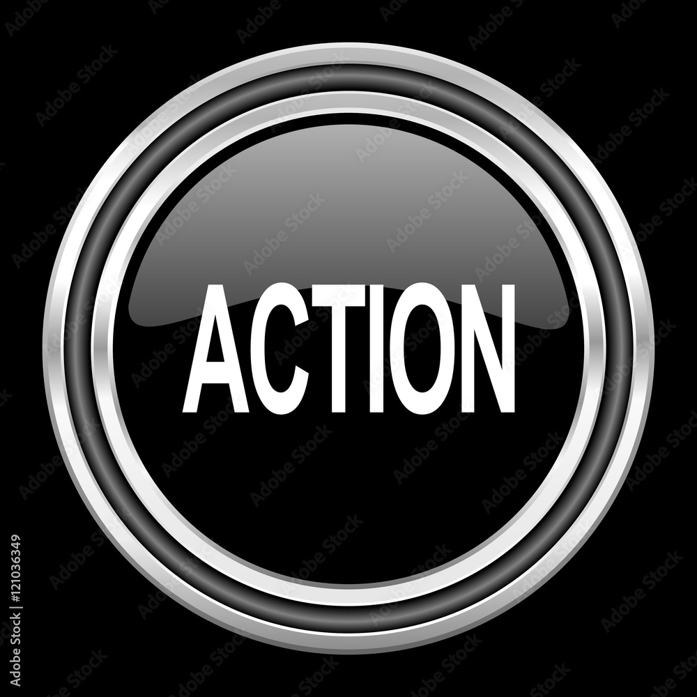 Poster action silver chrome metallic round web icon on black background