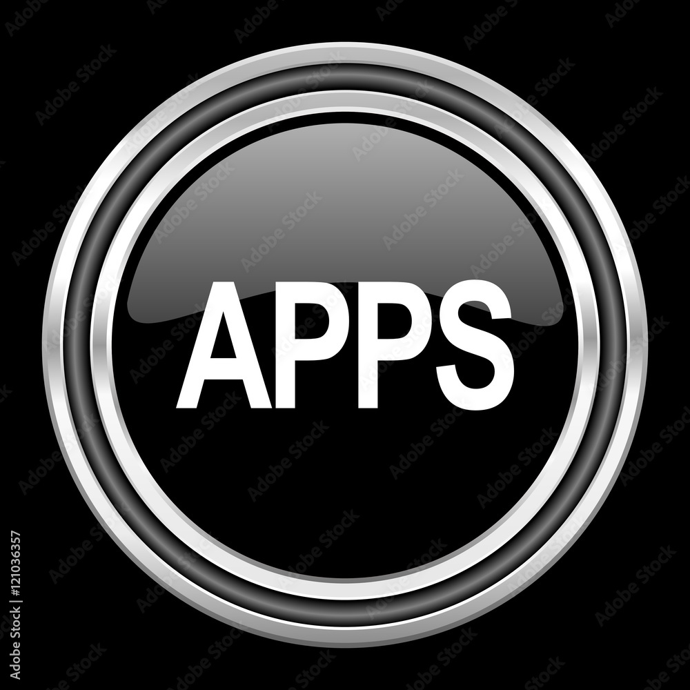 Poster apps silver chrome metallic round web icon on black background