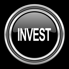 nvest silver chrome metallic round web icon on black background