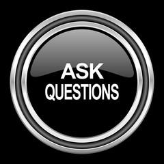 ask questions silver chrome metallic round web icon on black background
