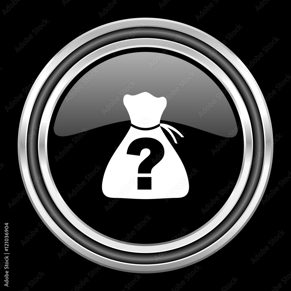 Poster riddle silver chrome metallic round web icon on black background