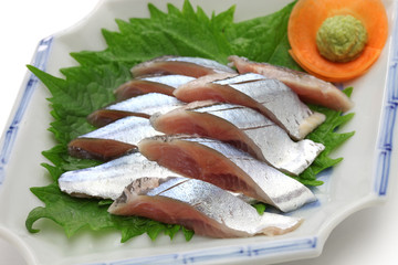 sanma sashimi, sliced fresh pacific saury, japanese cuisine