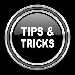 tips tricks silver chrome metallic round web icon on black background