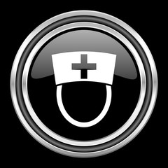 nurse silver chrome metallic round web icon on black background