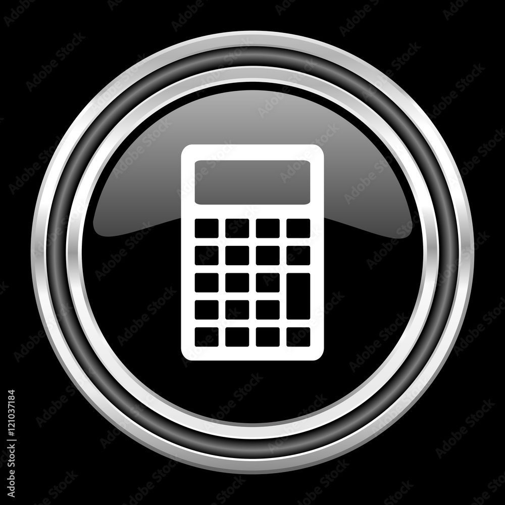 Poster calculator silver chrome metallic round web icon on black background