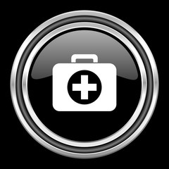first aid silver chrome metallic round web icon on black background