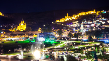 Aerial night view of Old Tbilisi, Georgia with Illuminated churc