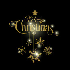 Vector golden Christmas typographic illustration made with glittering stars and snowflakes. Light effects can be turned off