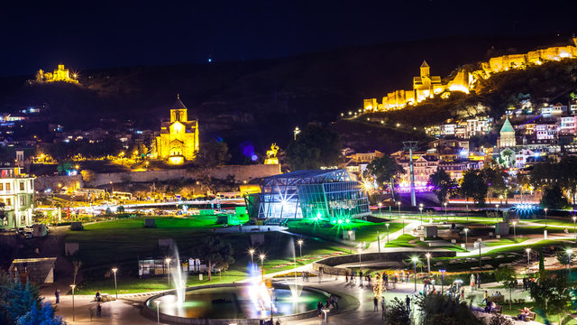 Aerial night view of Old Tbilisi, Georgia with Illuminated churc